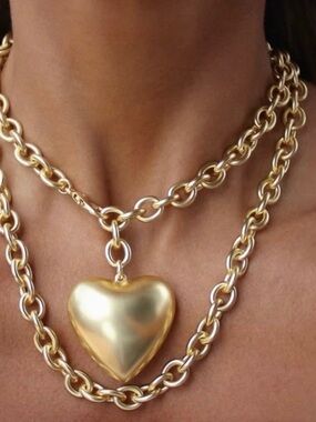 Gold Heart Pendant Chunky Chain Necklace - Women Jewelry